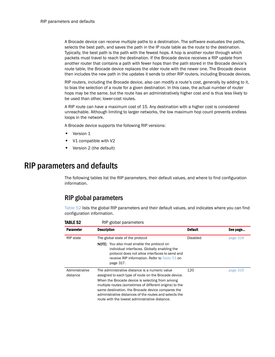 Rip parameters and defaults, Rip global parameters | Brocade Multi-Service IronWare Routing Configuration Guide (Supporting R05.6.00) User Manual | Page 344 / 846