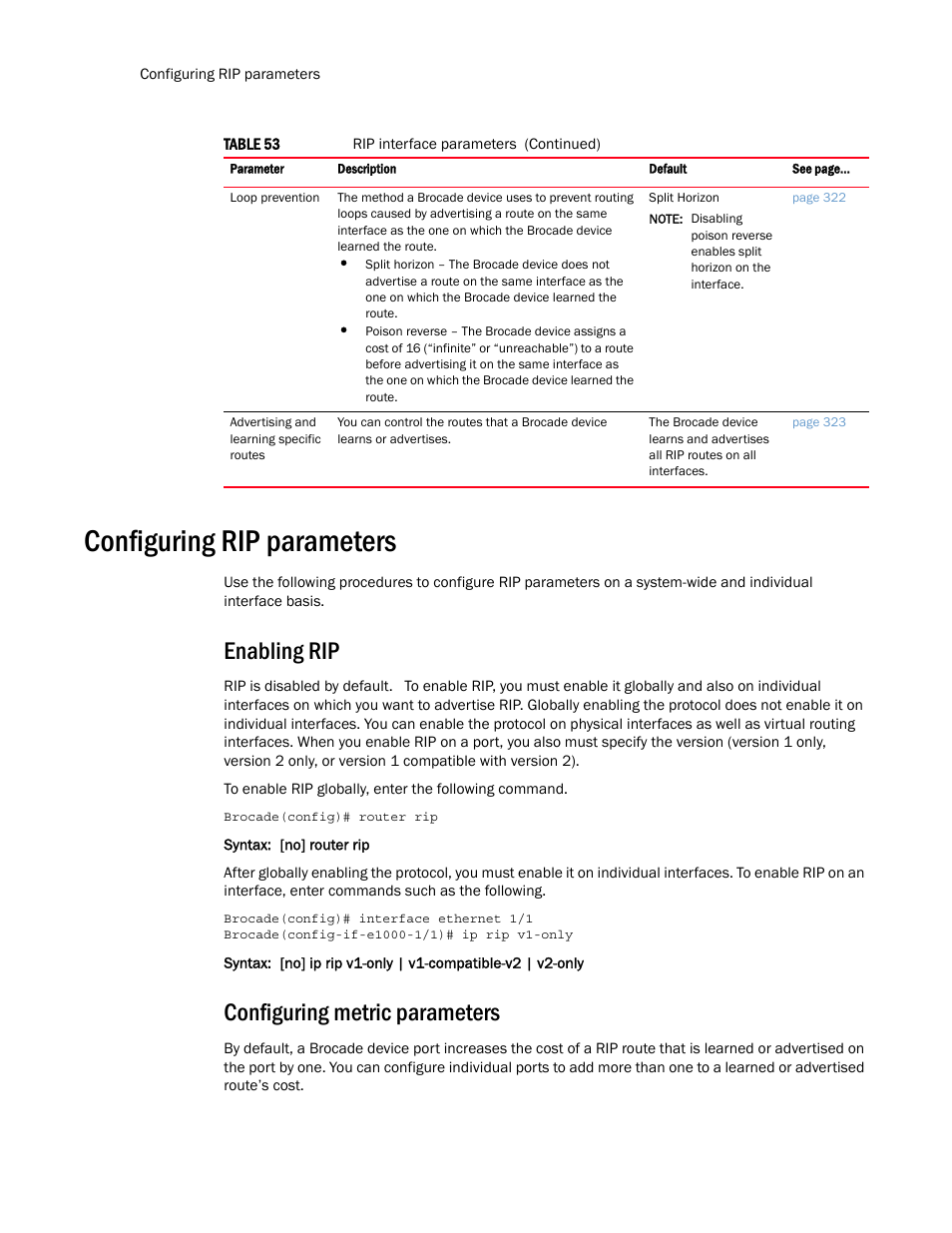 Configuring rip parameters, Enabling rip, Configuring metric parameters | Brocade Multi-Service IronWare Routing Configuration Guide (Supporting R05.6.00) User Manual | Page 346 / 846