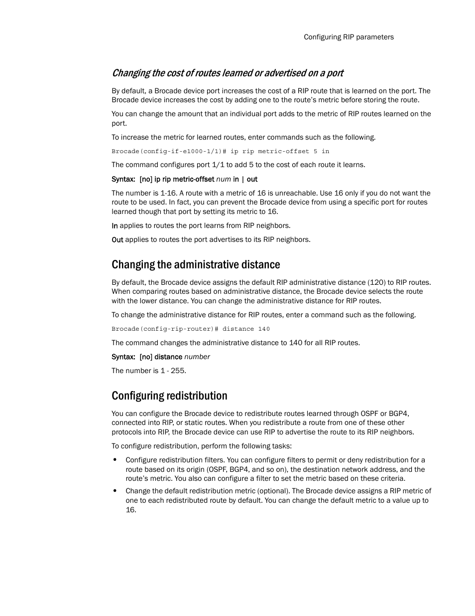 Changing the administrative distance, Configuring redistribution | Brocade Multi-Service IronWare Routing Configuration Guide (Supporting R05.6.00) User Manual | Page 347 / 846