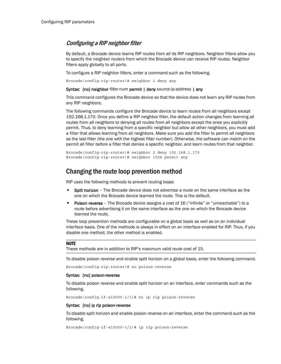Changing the route loop prevention method, Configuring a rip neighbor filter | Brocade Multi-Service IronWare Routing Configuration Guide (Supporting R05.6.00) User Manual | Page 350 / 846