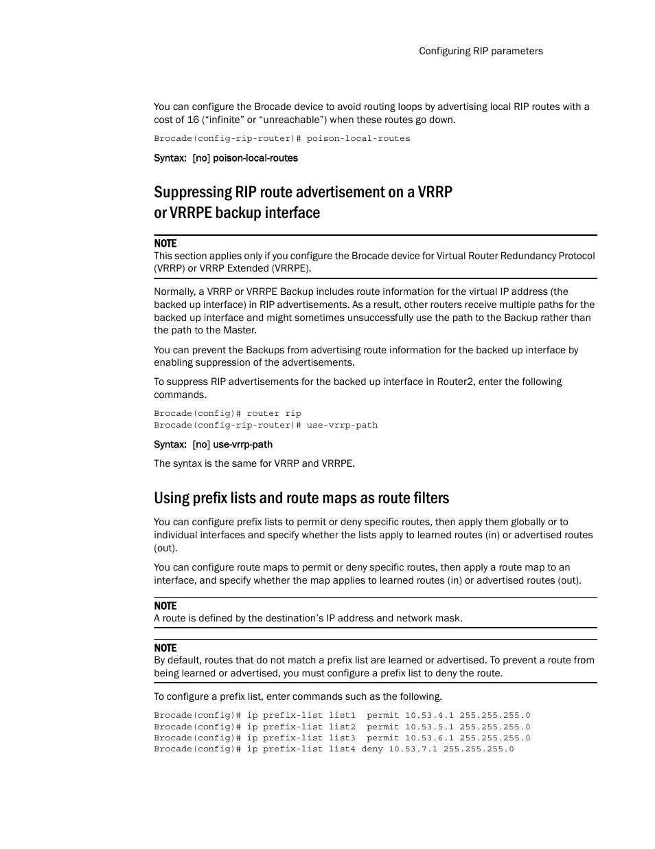 Using prefix lists and route maps as route filters | Brocade Multi-Service IronWare Routing Configuration Guide (Supporting R05.6.00) User Manual | Page 351 / 846