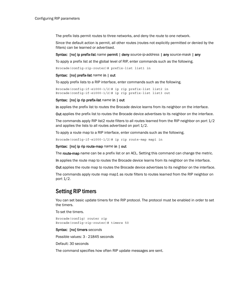 Setting rip timers | Brocade Multi-Service IronWare Routing Configuration Guide (Supporting R05.6.00) User Manual | Page 352 / 846