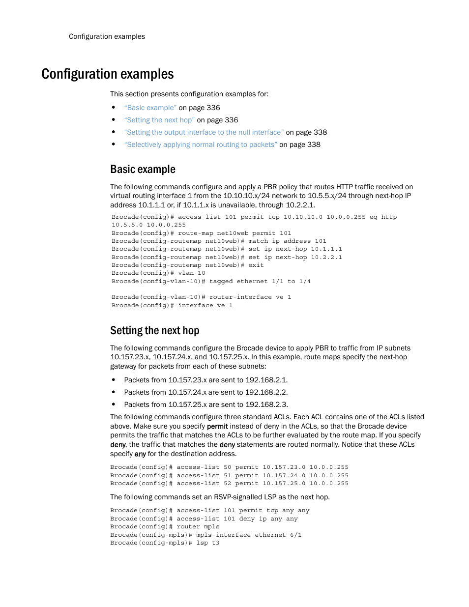 Configuration examples, Basic example, Setting the next hop | Brocade Multi-Service IronWare Routing Configuration Guide (Supporting R05.6.00) User Manual | Page 364 / 846