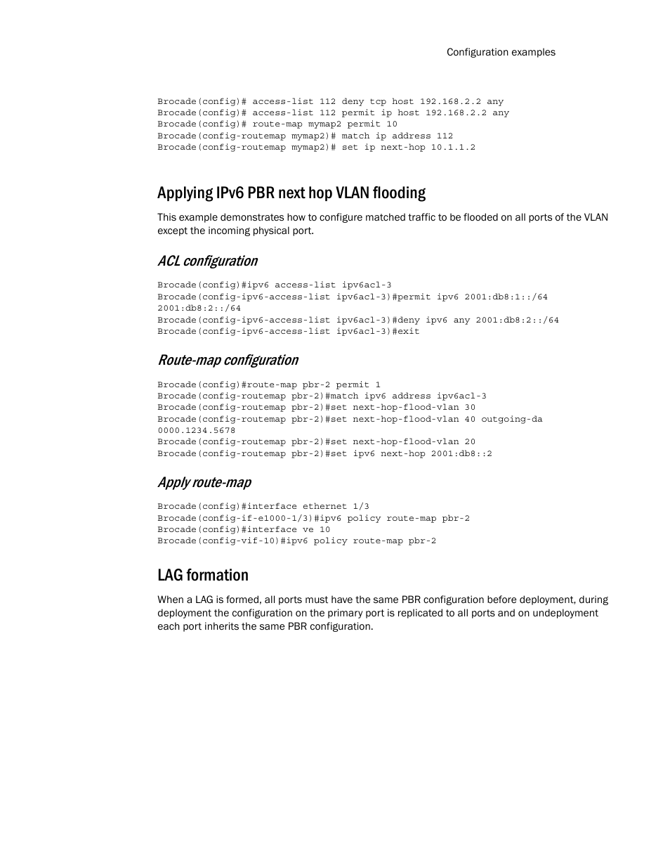Applying ipv6 pbr next hop vlan flooding, Lag formation, Acl configuration | Route-map configuration, Apply route-map | Brocade Multi-Service IronWare Routing Configuration Guide (Supporting R05.6.00) User Manual | Page 367 / 846