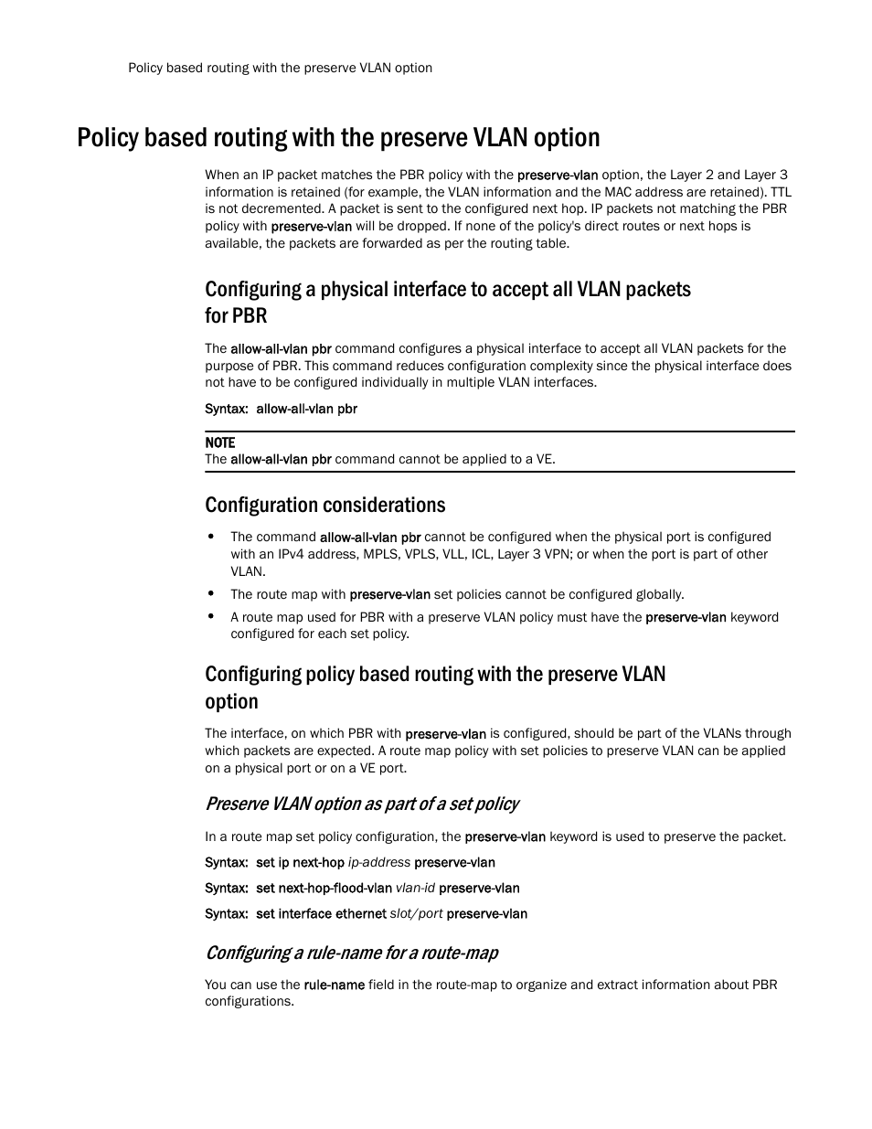 Policy based routing with the preserve vlan option, Configuration considerations, Preserve vlan option as part of a set policy | Configuring a rule-name for a route-map | Brocade Multi-Service IronWare Routing Configuration Guide (Supporting R05.6.00) User Manual | Page 368 / 846