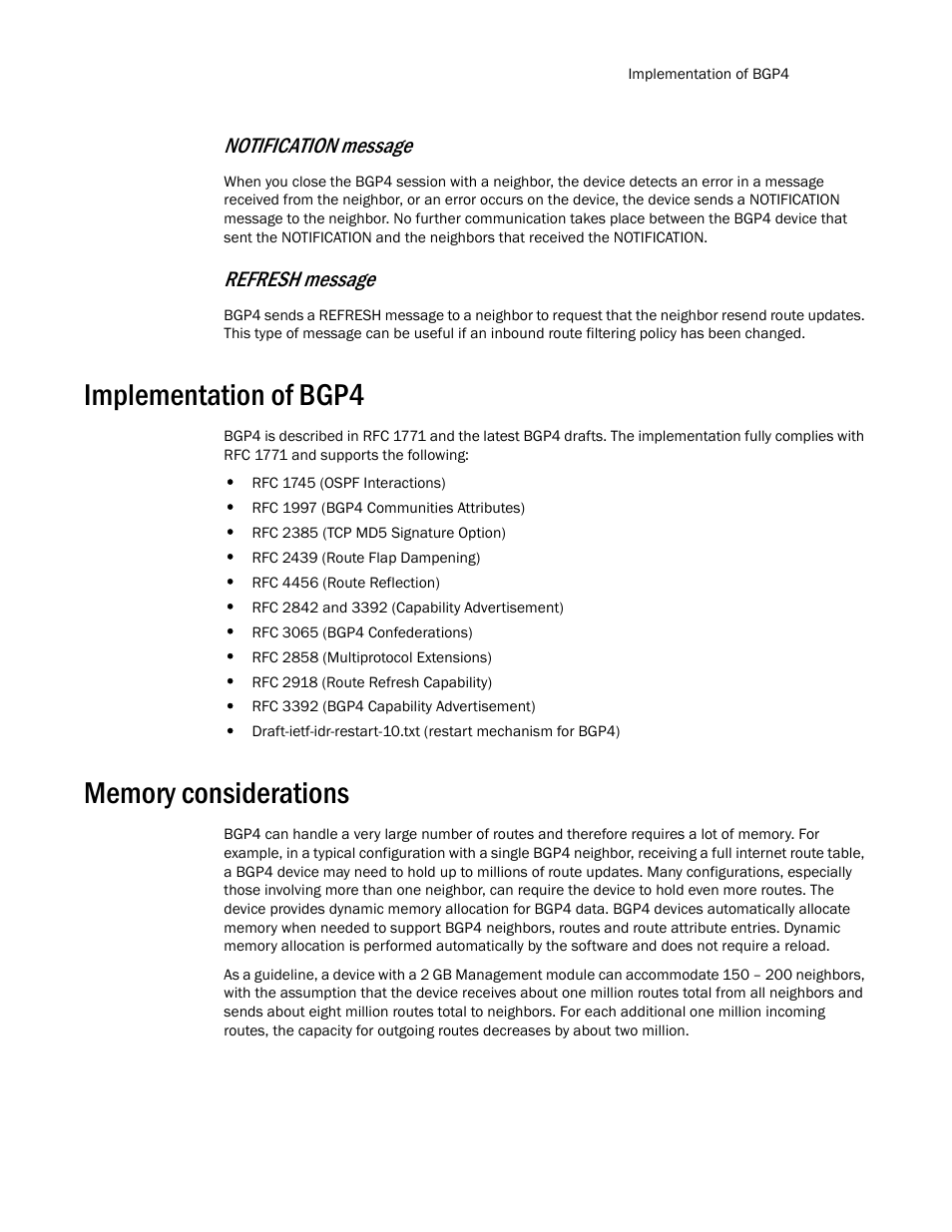 Implementation of bgp4, Memory considerations, Notification message | Refresh message | Brocade Multi-Service IronWare Routing Configuration Guide (Supporting R05.6.00) User Manual | Page 37 / 846