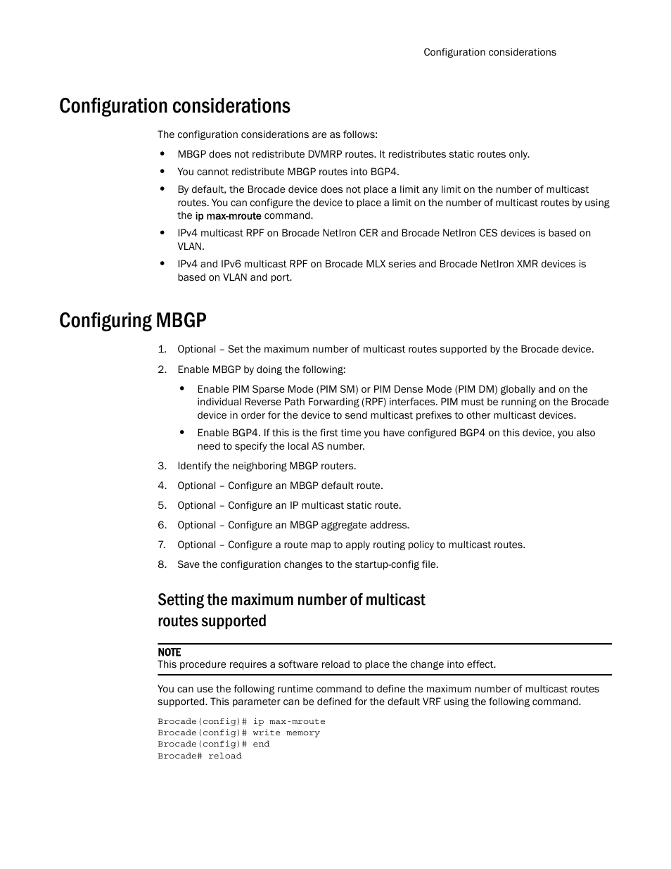 Configuration considerations, Configuring mbgp | Brocade Multi-Service IronWare Routing Configuration Guide (Supporting R05.6.00) User Manual | Page 375 / 846
