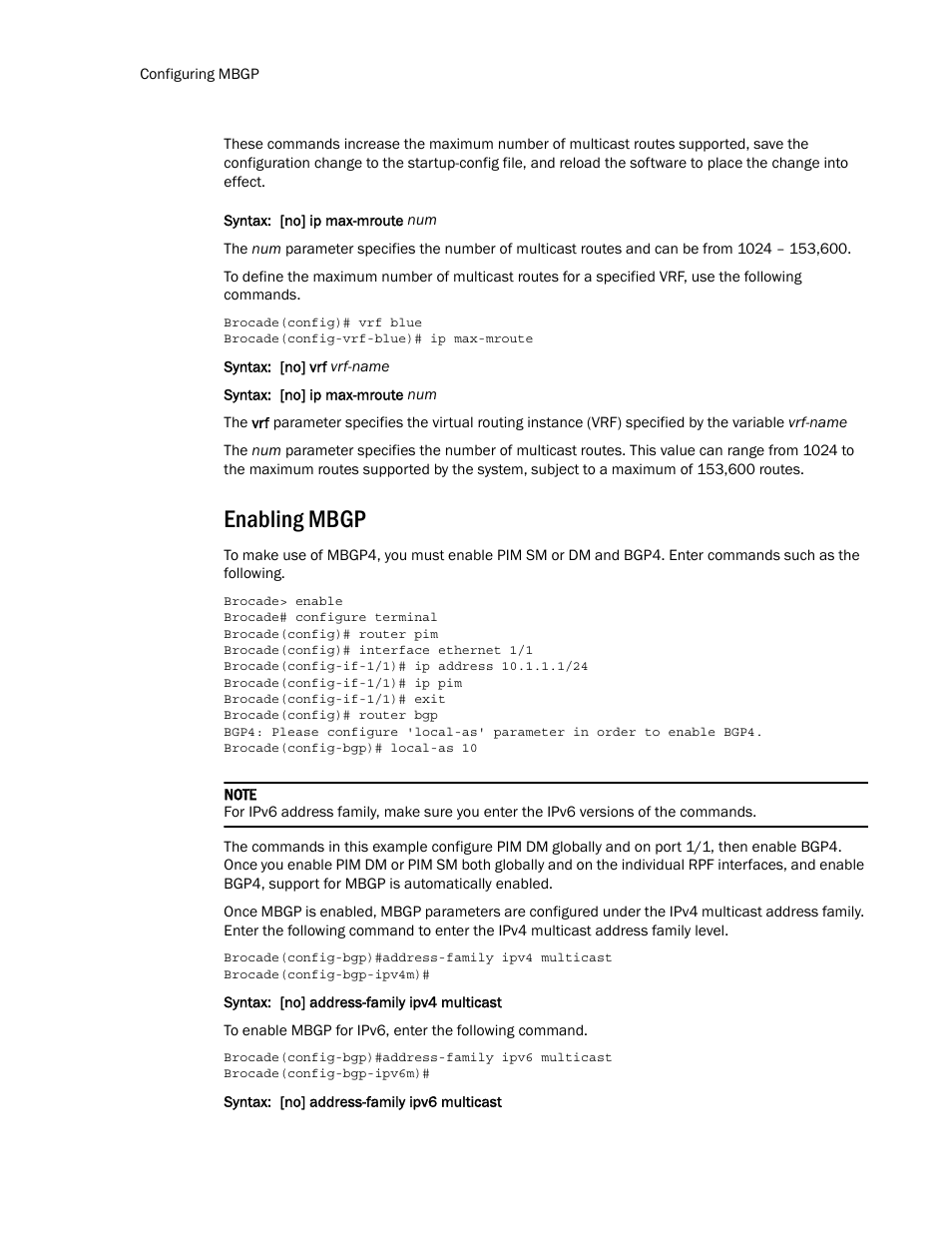 Enabling mbgp | Brocade Multi-Service IronWare Routing Configuration Guide (Supporting R05.6.00) User Manual | Page 376 / 846