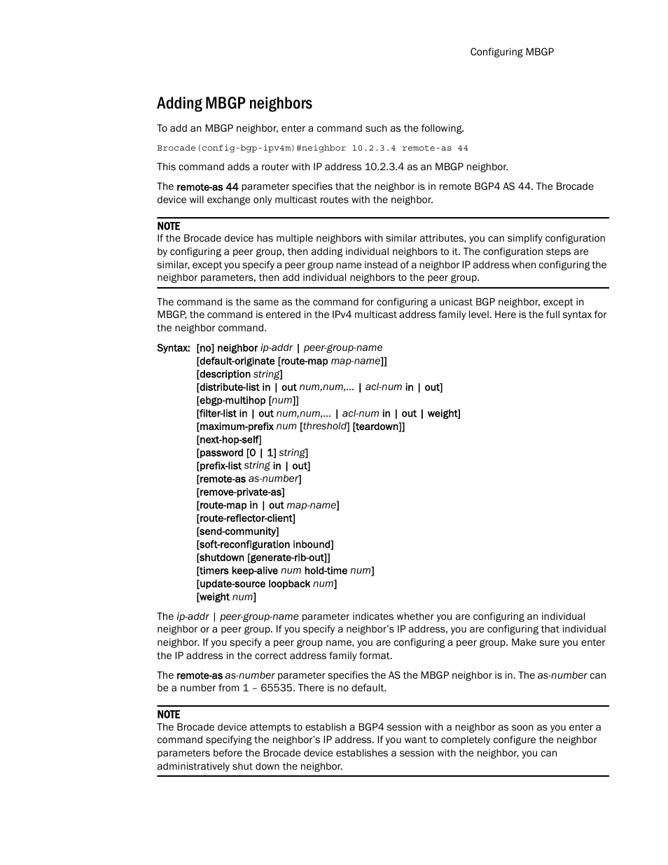 Adding mbgp neighbors | Brocade Multi-Service IronWare Routing Configuration Guide (Supporting R05.6.00) User Manual | Page 377 / 846