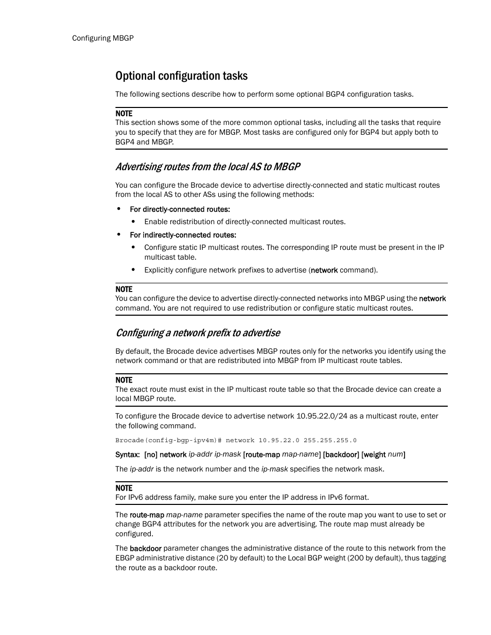 Optional configuration tasks, Advertising routes from the local as to mbgp, Configuring a network prefix to advertise | Brocade Multi-Service IronWare Routing Configuration Guide (Supporting R05.6.00) User Manual | Page 378 / 846
