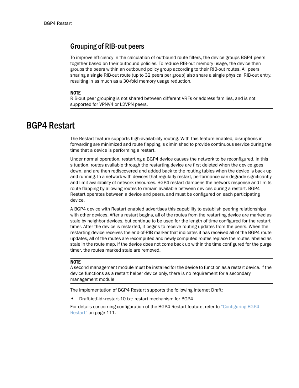 Grouping of rib-out peers, Bgp4 restart | Brocade Multi-Service IronWare Routing Configuration Guide (Supporting R05.6.00) User Manual | Page 38 / 846