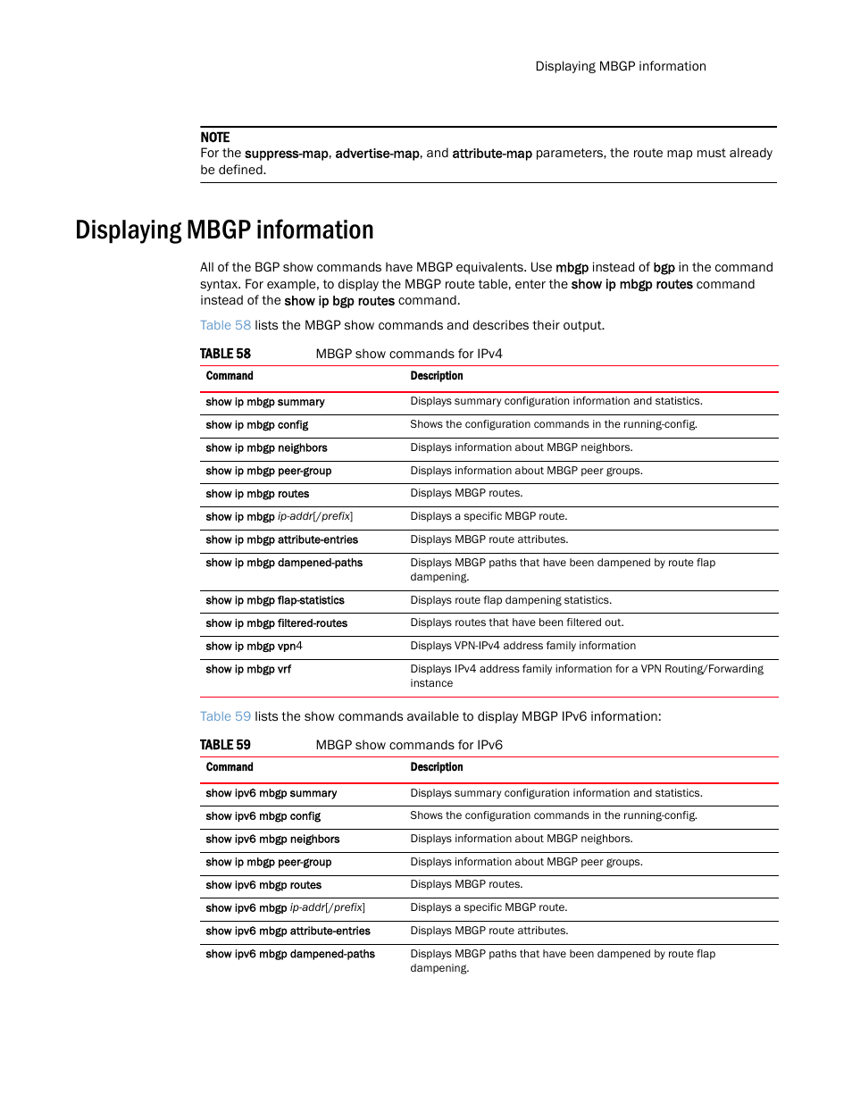 Displaying mbgp information | Brocade Multi-Service IronWare Routing Configuration Guide (Supporting R05.6.00) User Manual | Page 381 / 846