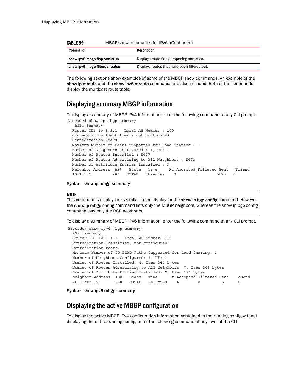 Displaying summary mbgp information, Displaying the active mbgp configuration | Brocade Multi-Service IronWare Routing Configuration Guide (Supporting R05.6.00) User Manual | Page 382 / 846