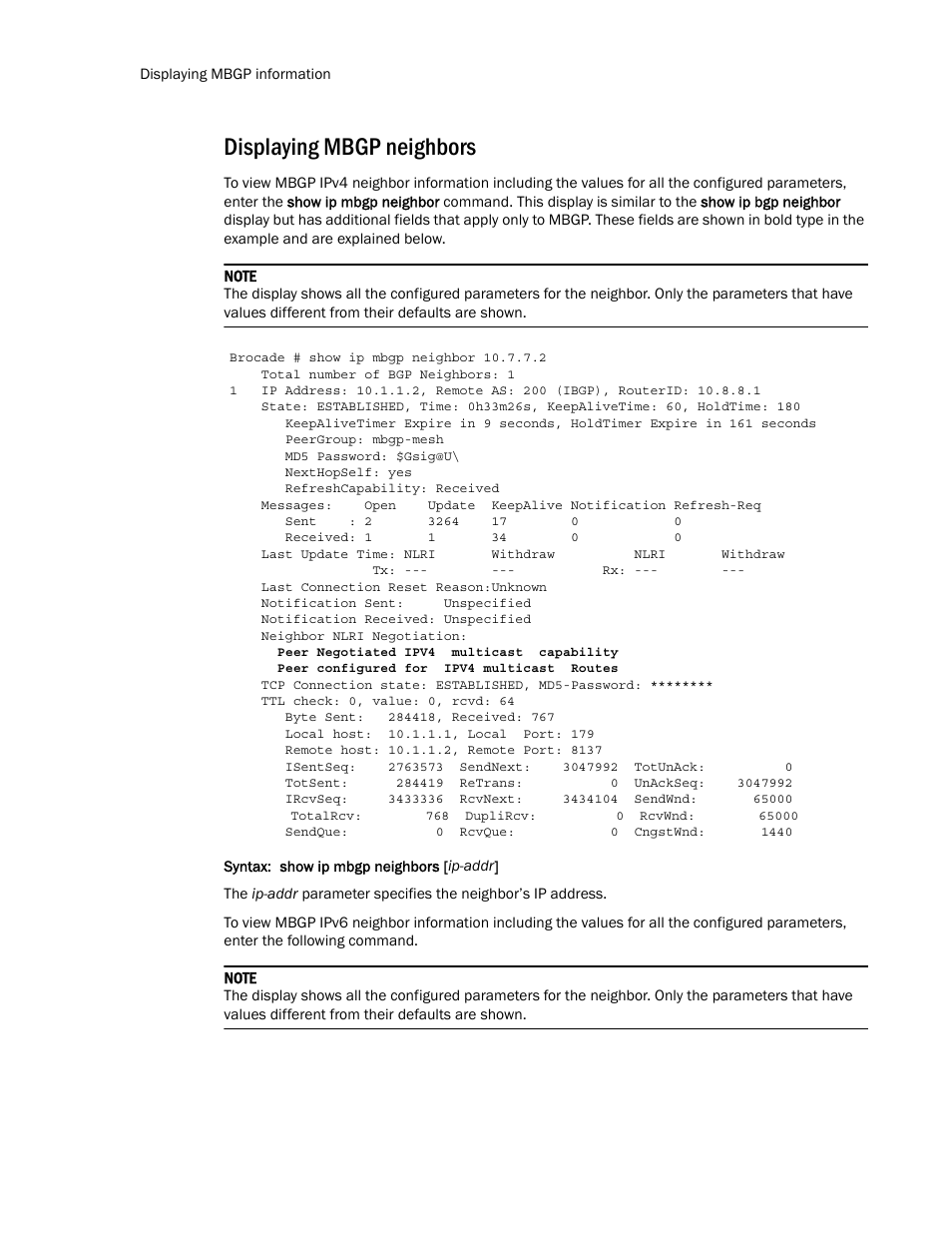 Displaying mbgp neighbors | Brocade Multi-Service IronWare Routing Configuration Guide (Supporting R05.6.00) User Manual | Page 384 / 846