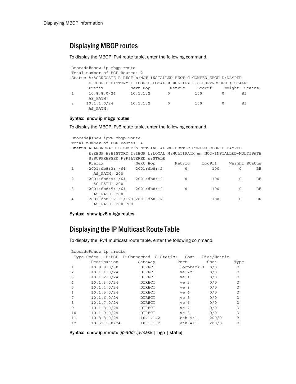 Displaying mbgp routes, Displaying the ip multicast route table | Brocade Multi-Service IronWare Routing Configuration Guide (Supporting R05.6.00) User Manual | Page 386 / 846