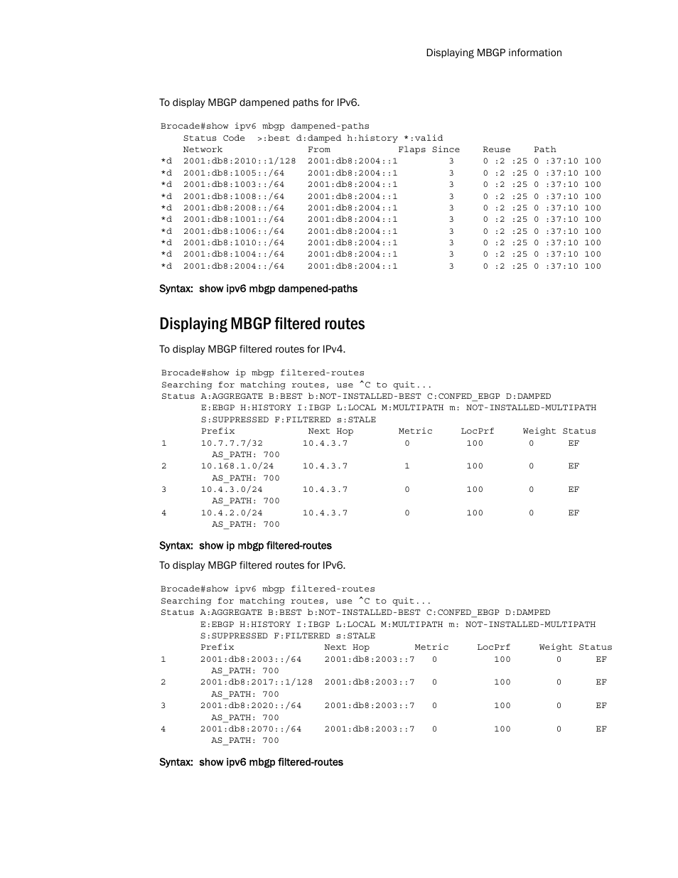 Displaying mbgp filtered routes | Brocade Multi-Service IronWare Routing Configuration Guide (Supporting R05.6.00) User Manual | Page 389 / 846