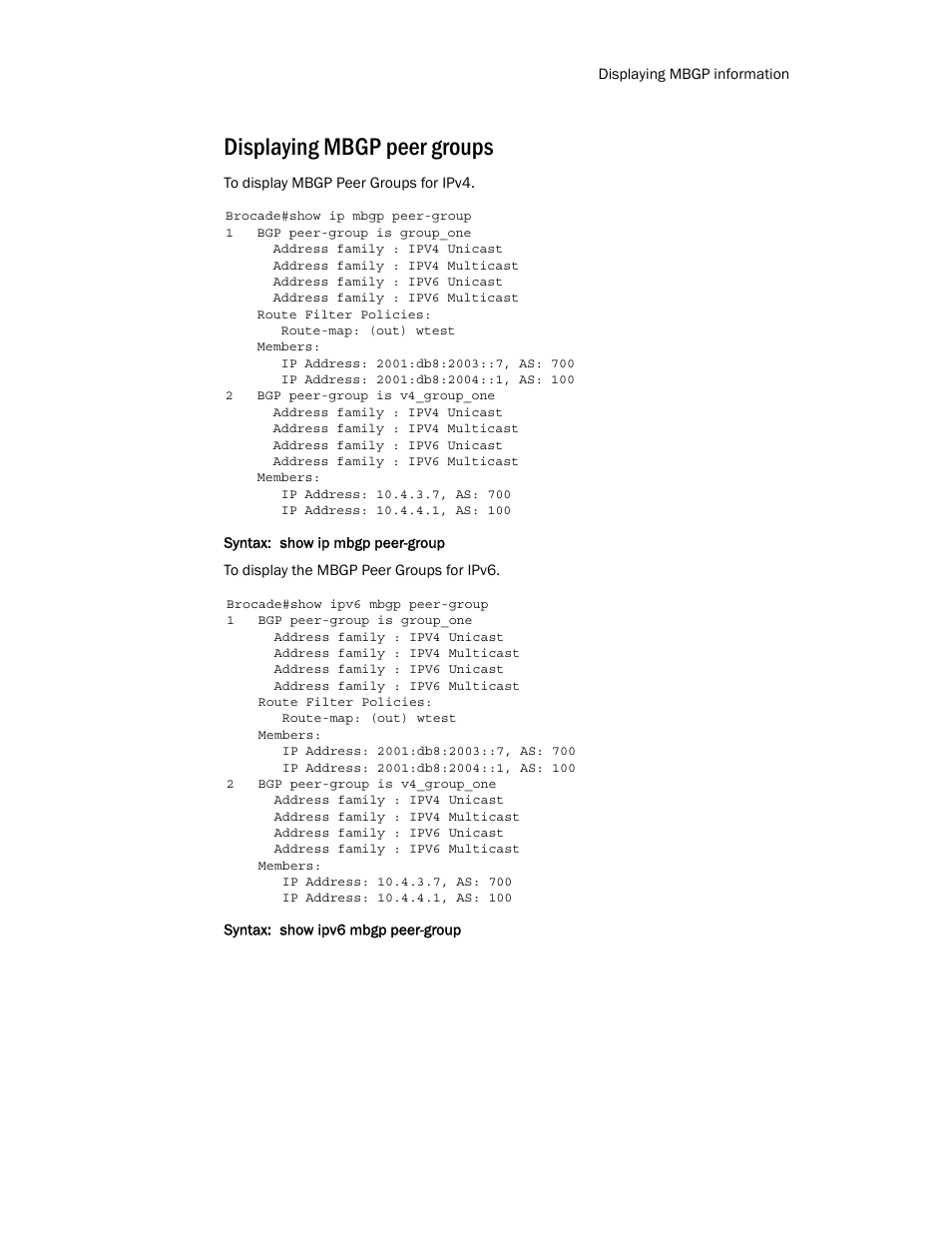 Displaying mbgp peer groups | Brocade Multi-Service IronWare Routing Configuration Guide (Supporting R05.6.00) User Manual | Page 391 / 846