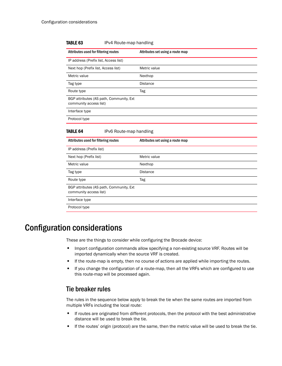 Configuration considerations, Tie breaker rules | Brocade Multi-Service IronWare Routing Configuration Guide (Supporting R05.6.00) User Manual | Page 412 / 846