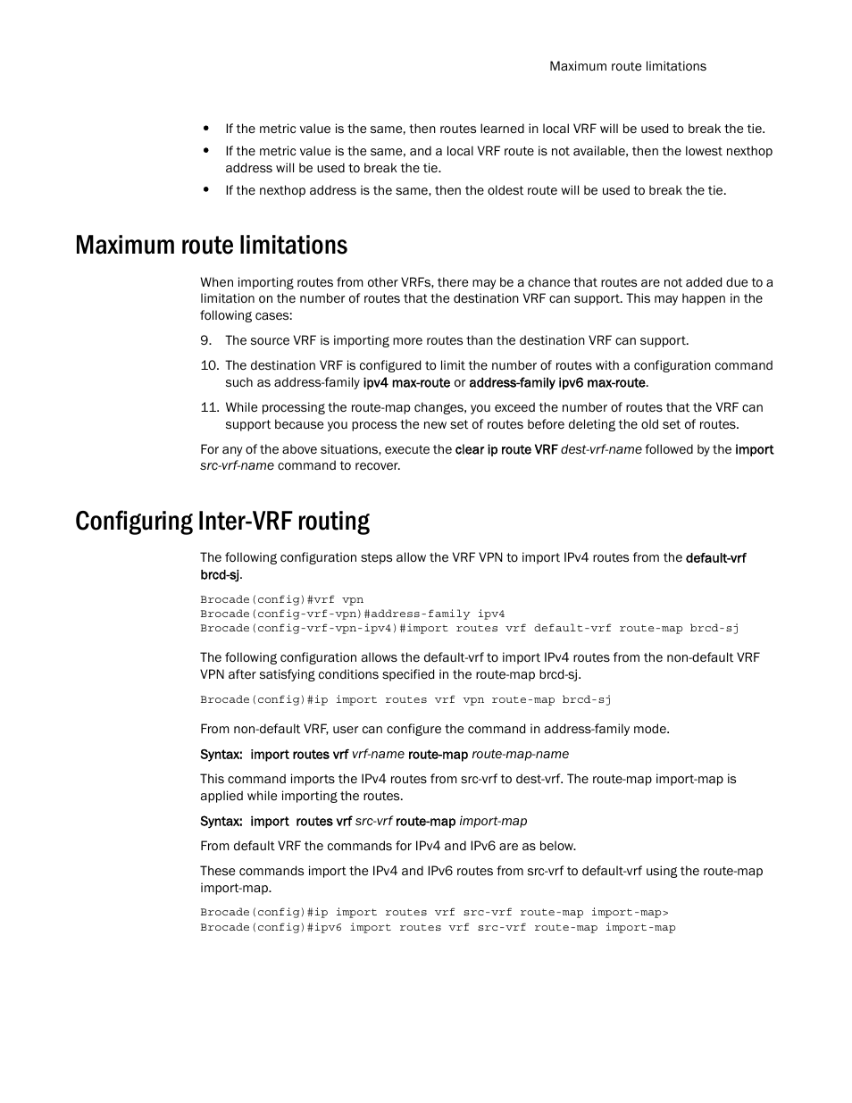 Maximum route limitations, Configuring inter-vrf routing | Brocade Multi-Service IronWare Routing Configuration Guide (Supporting R05.6.00) User Manual | Page 413 / 846