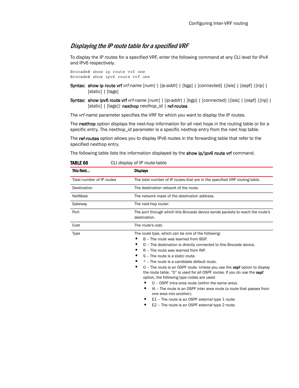 Displaying the ip route table for a specified vrf | Brocade Multi-Service IronWare Routing Configuration Guide (Supporting R05.6.00) User Manual | Page 415 / 846