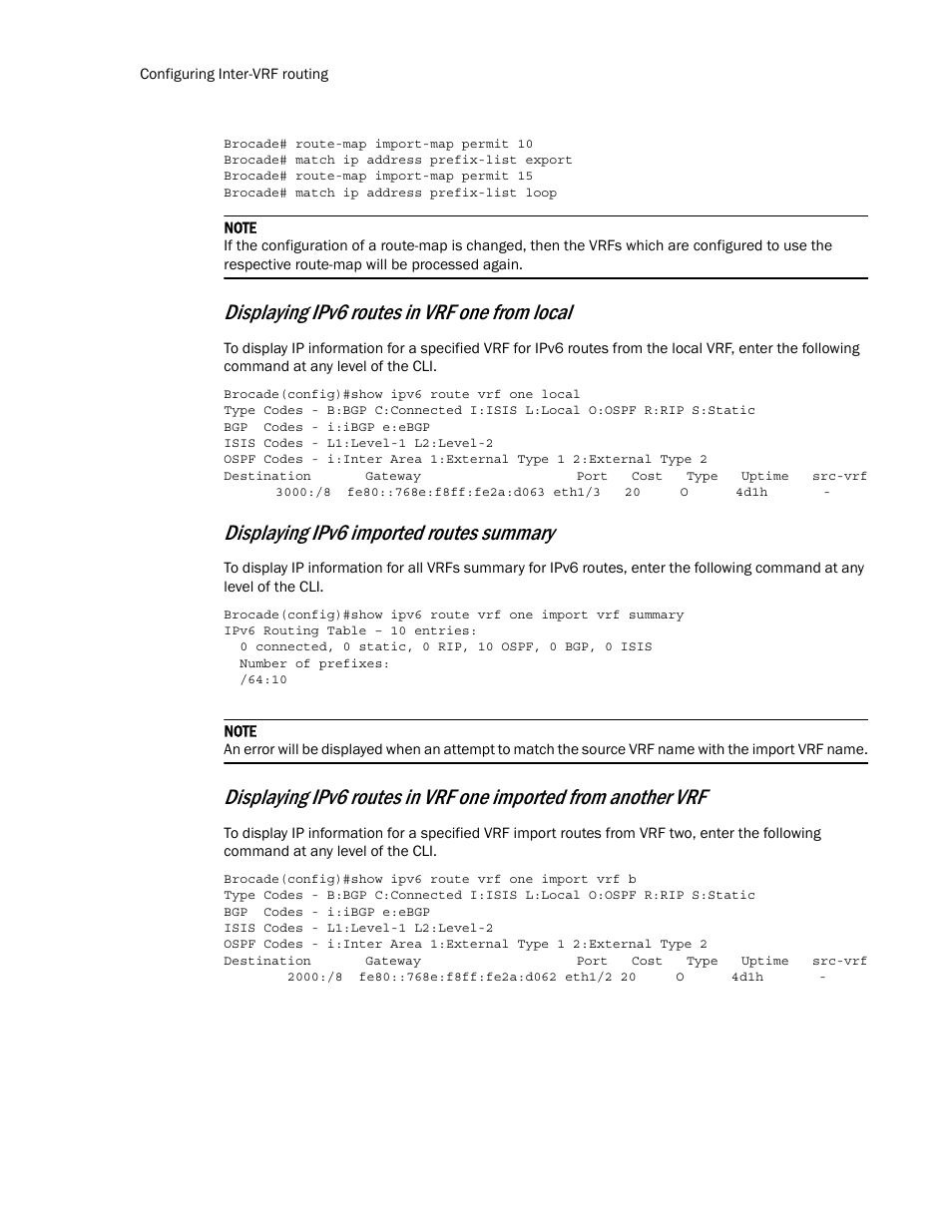 Displaying ipv6 routes in vrf one from local, Displaying ipv6 imported routes summary | Brocade Multi-Service IronWare Routing Configuration Guide (Supporting R05.6.00) User Manual | Page 418 / 846