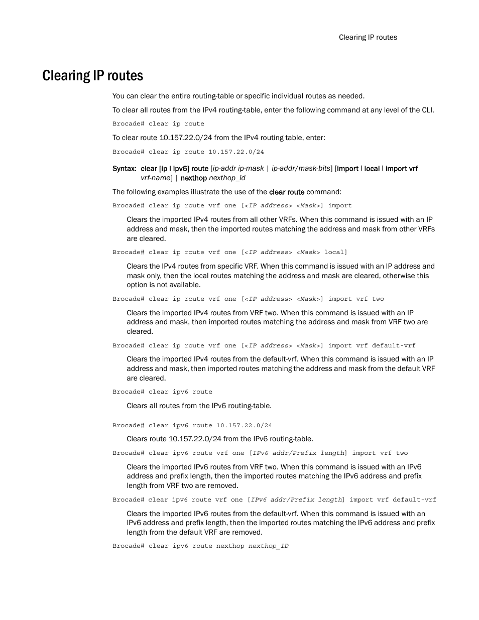 Clearing ip routes | Brocade Multi-Service IronWare Routing Configuration Guide (Supporting R05.6.00) User Manual | Page 419 / 846