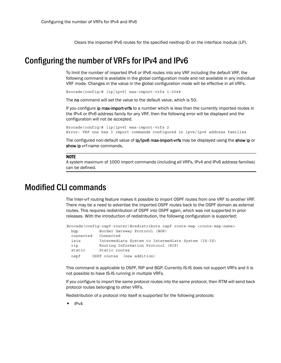 Configuring the number of vrfs for ipv4 and ipv6, Modified cli commands | Brocade Multi-Service IronWare Routing Configuration Guide (Supporting R05.6.00) User Manual | Page 420 / 846