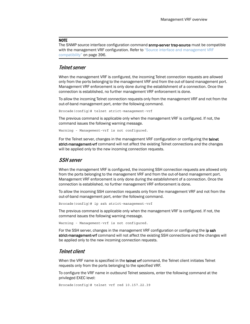Telnet server, Ssh server, Telnet client | Brocade Multi-Service IronWare Routing Configuration Guide (Supporting R05.6.00) User Manual | Page 425 / 846