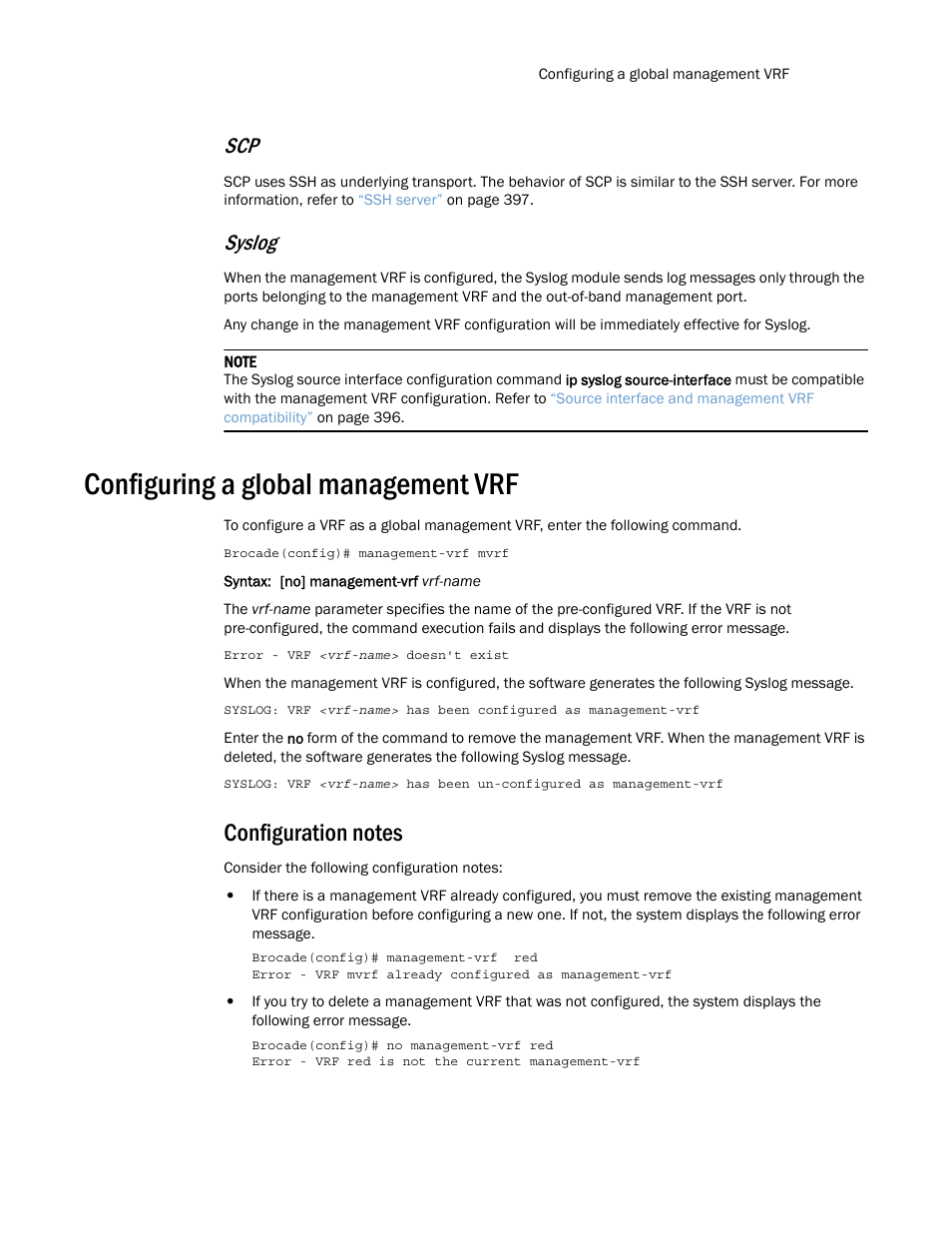 Configuring a global management vrf, Configuration notes, Syslog | Brocade Multi-Service IronWare Routing Configuration Guide (Supporting R05.6.00) User Manual | Page 427 / 846