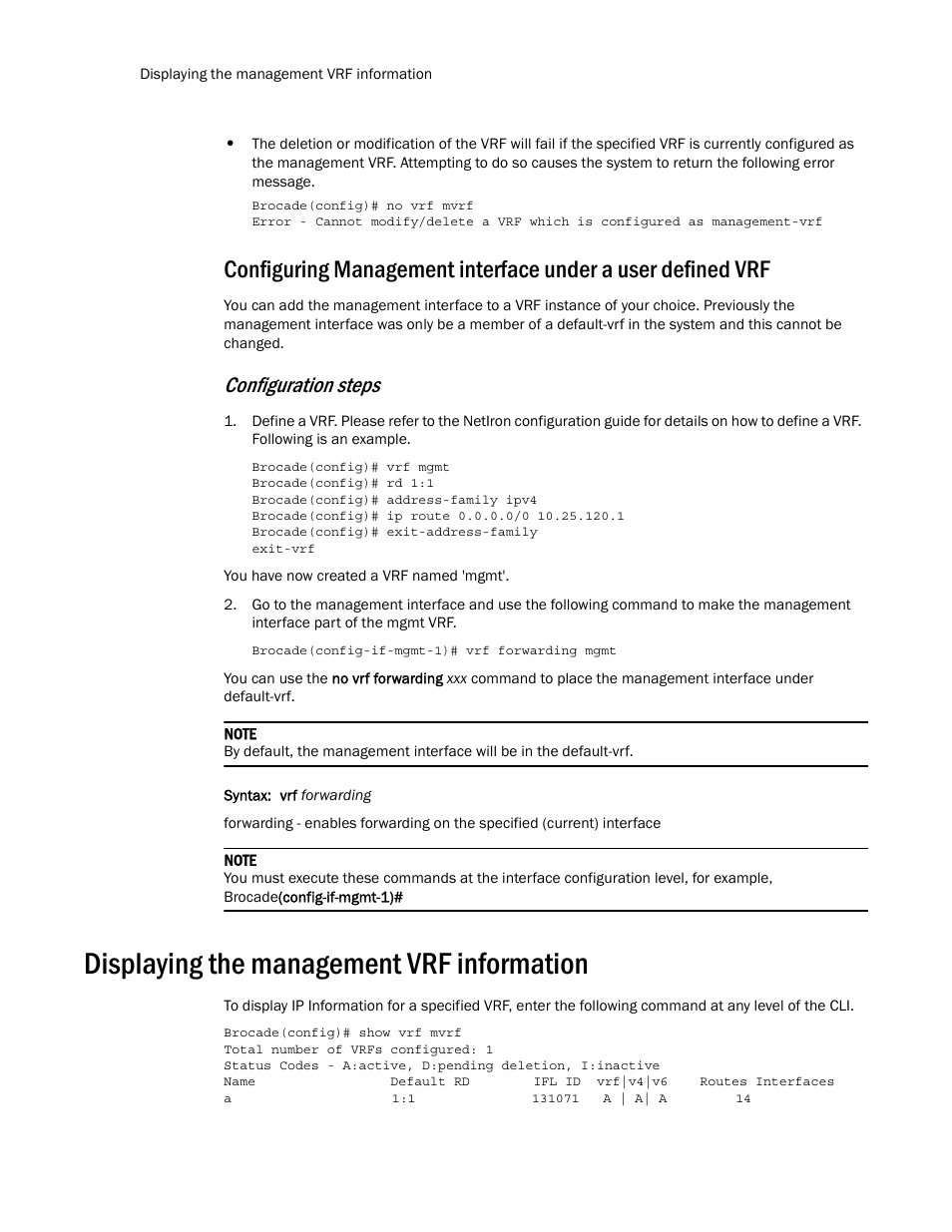 Displaying the management vrf information, Configuration steps | Brocade Multi-Service IronWare Routing Configuration Guide (Supporting R05.6.00) User Manual | Page 428 / 846