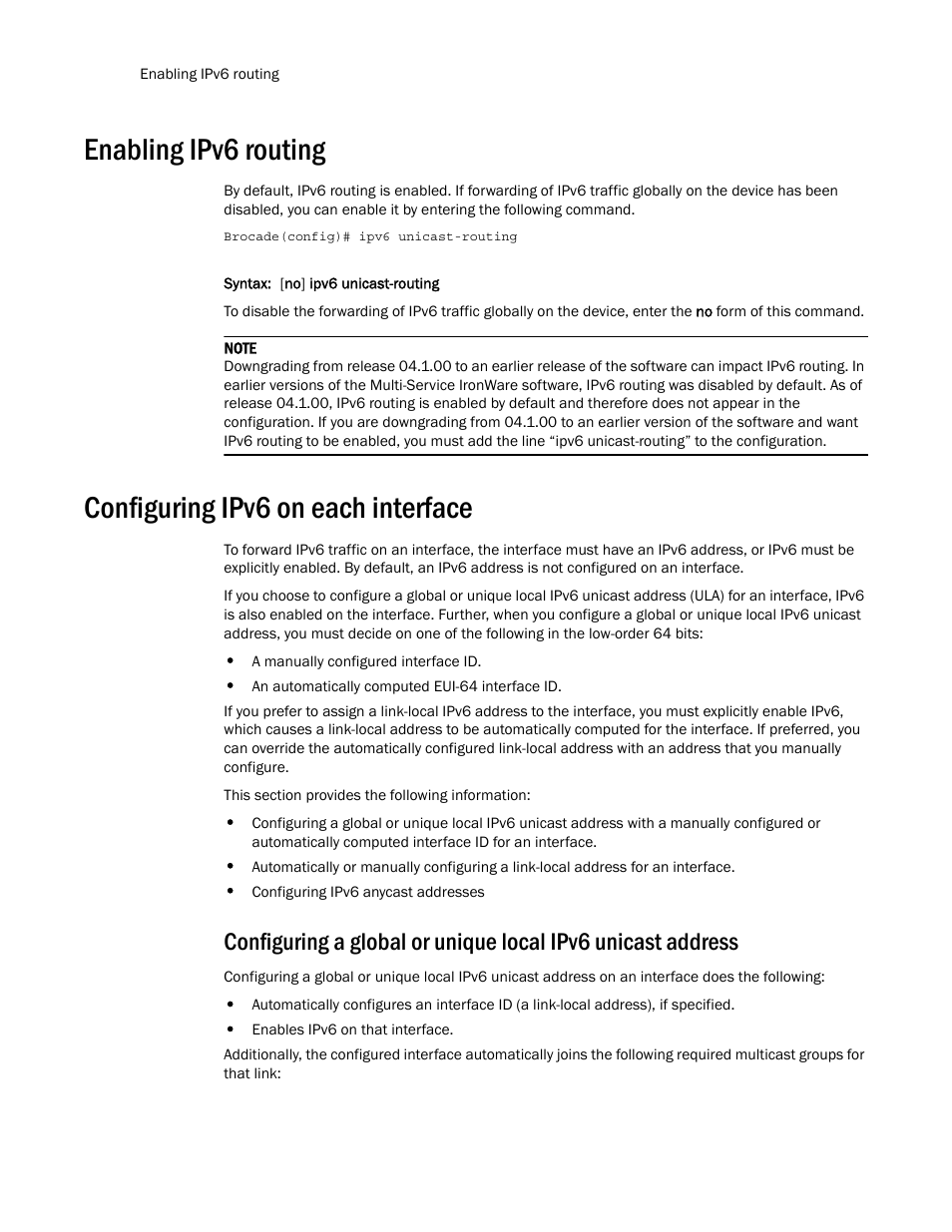 Enabling ipv6 routing, Configuring ipv6 on each interface | Brocade Multi-Service IronWare Routing Configuration Guide (Supporting R05.6.00) User Manual | Page 436 / 846