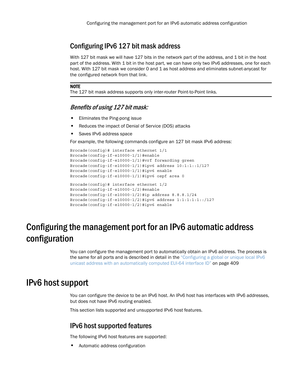 Configuring ipv6 127 bit mask address, Ipv6 host support, Ipv6 host supported features | Benefits of using 127 bit mask | Brocade Multi-Service IronWare Routing Configuration Guide (Supporting R05.6.00) User Manual | Page 439 / 846