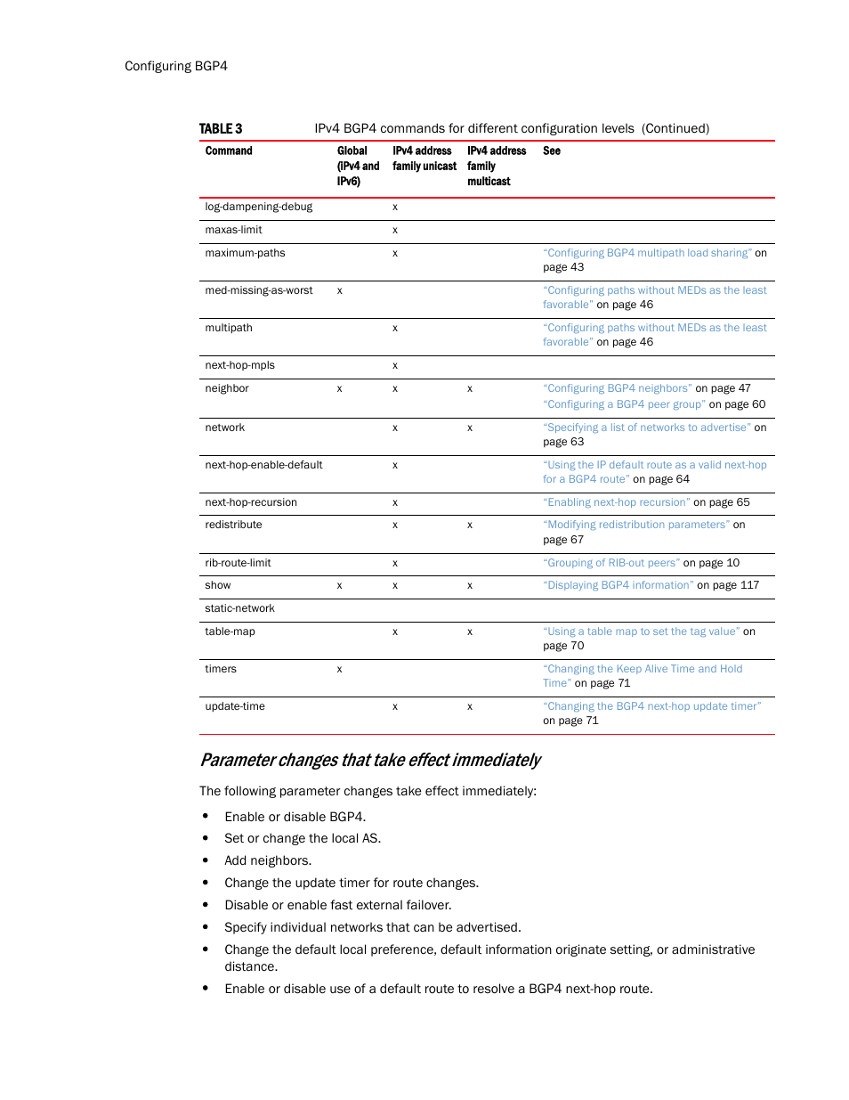 Parameter changes that take effect immediately | Brocade Multi-Service IronWare Routing Configuration Guide (Supporting R05.6.00) User Manual | Page 44 / 846