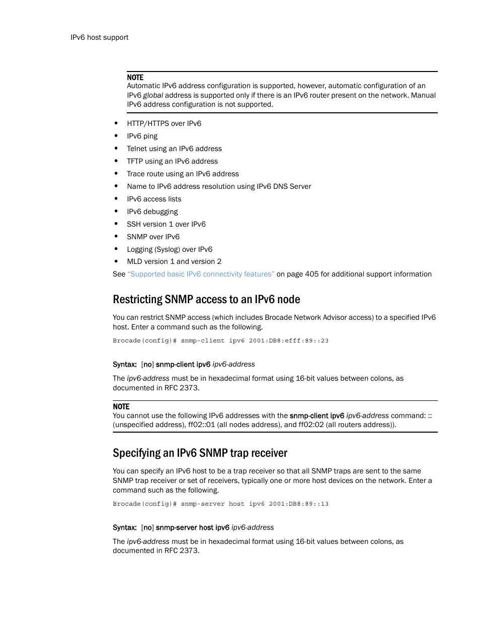 Restricting snmp access to an ipv6 node, Specifying an ipv6 snmp trap receiver | Brocade Multi-Service IronWare Routing Configuration Guide (Supporting R05.6.00) User Manual | Page 440 / 846