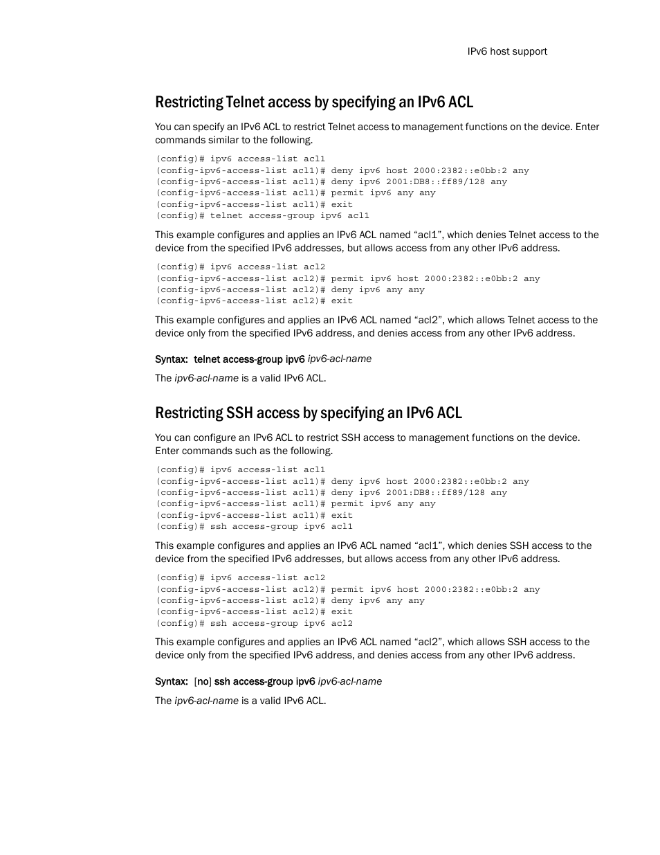 Restricting ssh access by specifying an ipv6 acl | Brocade Multi-Service IronWare Routing Configuration Guide (Supporting R05.6.00) User Manual | Page 441 / 846