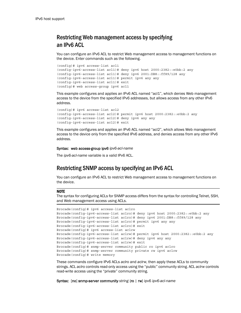 Restricting snmp access by specifying an ipv6 acl | Brocade Multi-Service IronWare Routing Configuration Guide (Supporting R05.6.00) User Manual | Page 442 / 846