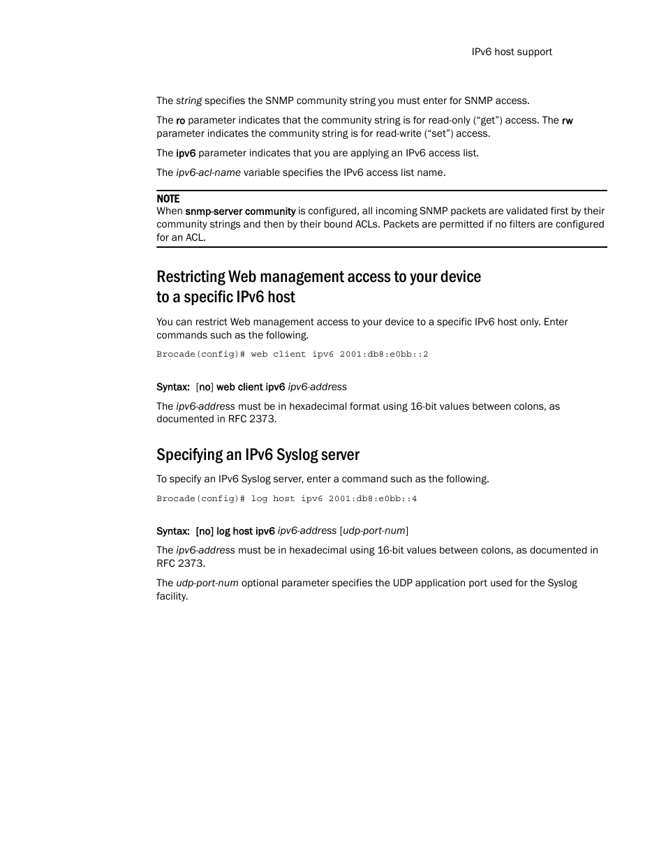 Specifying an ipv6 syslog server | Brocade Multi-Service IronWare Routing Configuration Guide (Supporting R05.6.00) User Manual | Page 443 / 846