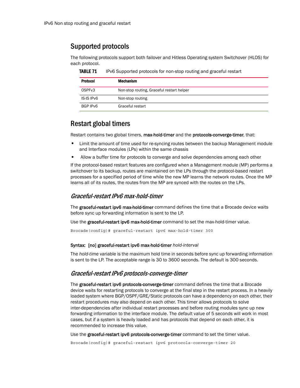 Supported protocols, Restart global timers, Graceful-restart ipv6 max-hold-timer | Graceful-restart ipv6 protocols-converge-timer | Brocade Multi-Service IronWare Routing Configuration Guide (Supporting R05.6.00) User Manual | Page 446 / 846