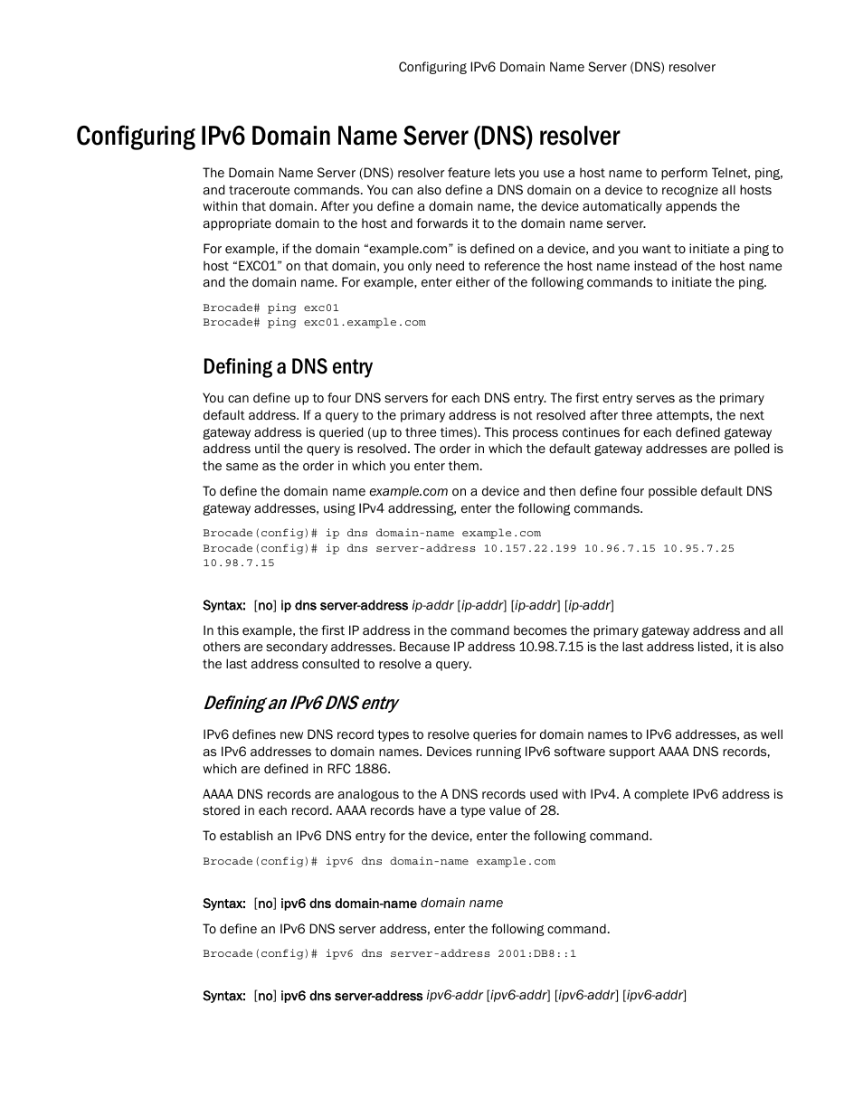 Configuring ipv6 domain name server (dns) resolver, Defining a dns entry, Defining an ipv6 dns entry | Brocade Multi-Service IronWare Routing Configuration Guide (Supporting R05.6.00) User Manual | Page 455 / 846