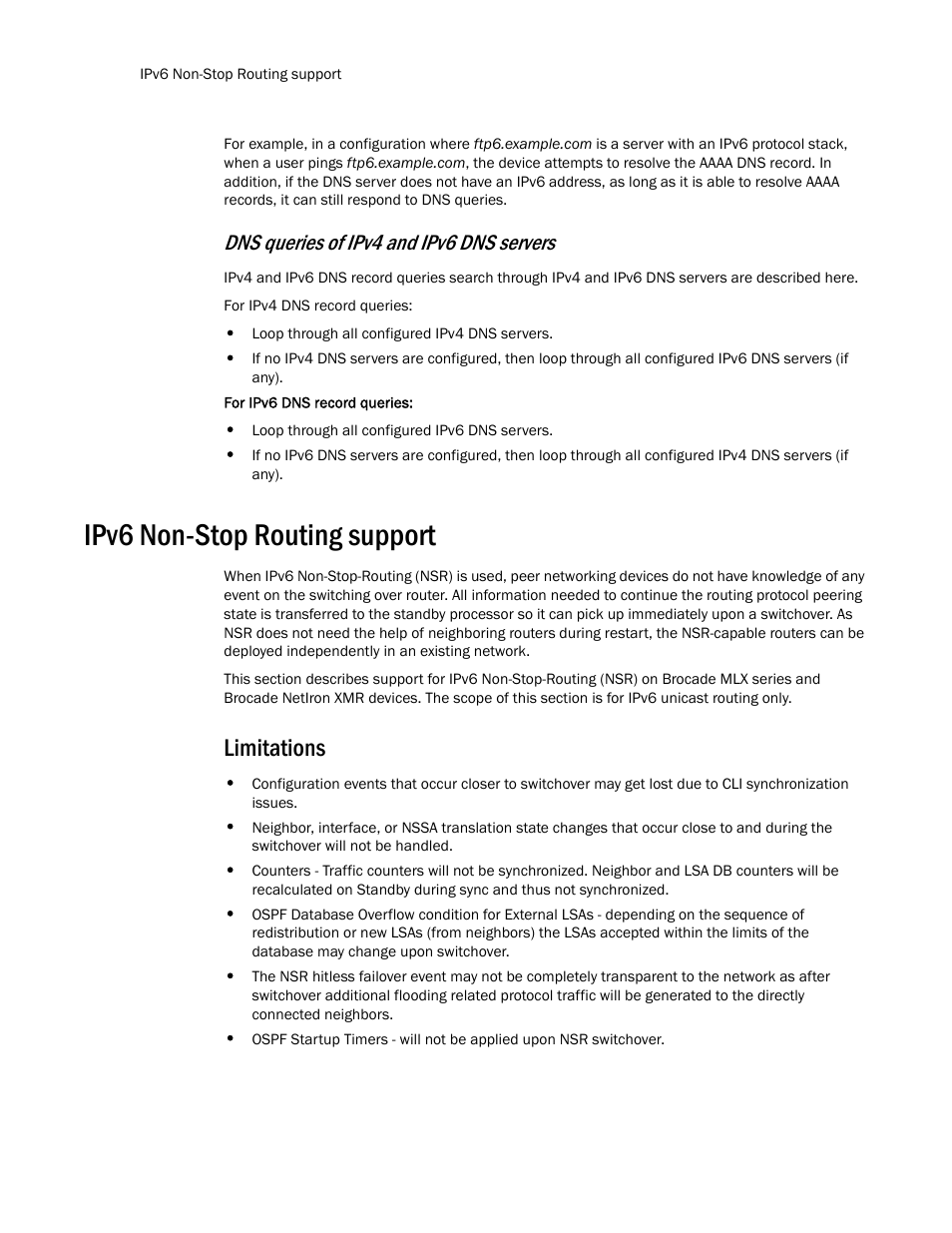 Ipv6 non-stop routing support, Limitations, Dns queries of ipv4 and ipv6 dns servers | Brocade Multi-Service IronWare Routing Configuration Guide (Supporting R05.6.00) User Manual | Page 456 / 846
