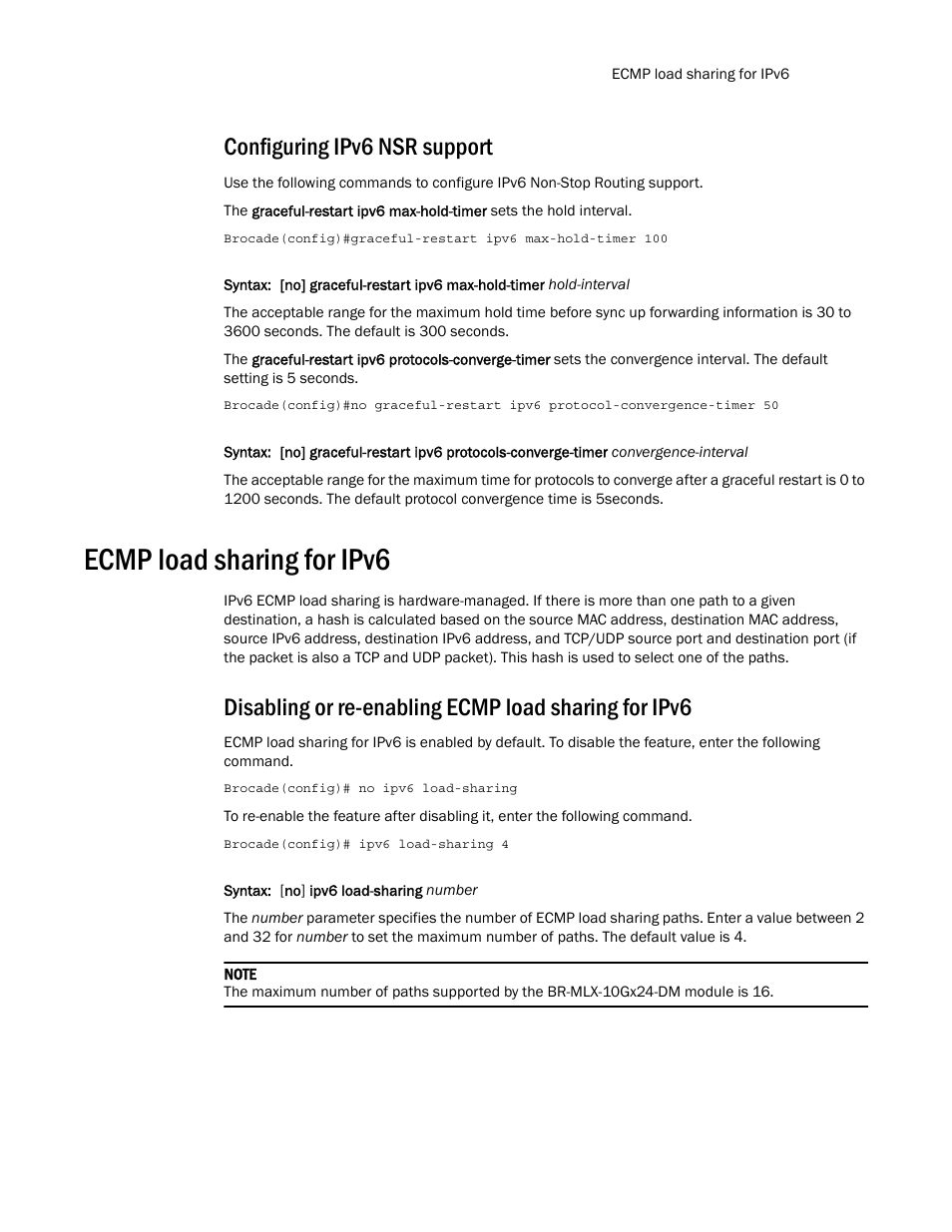Configuring ipv6 nsr support, Ecmp load sharing for ipv6 | Brocade Multi-Service IronWare Routing Configuration Guide (Supporting R05.6.00) User Manual | Page 457 / 846