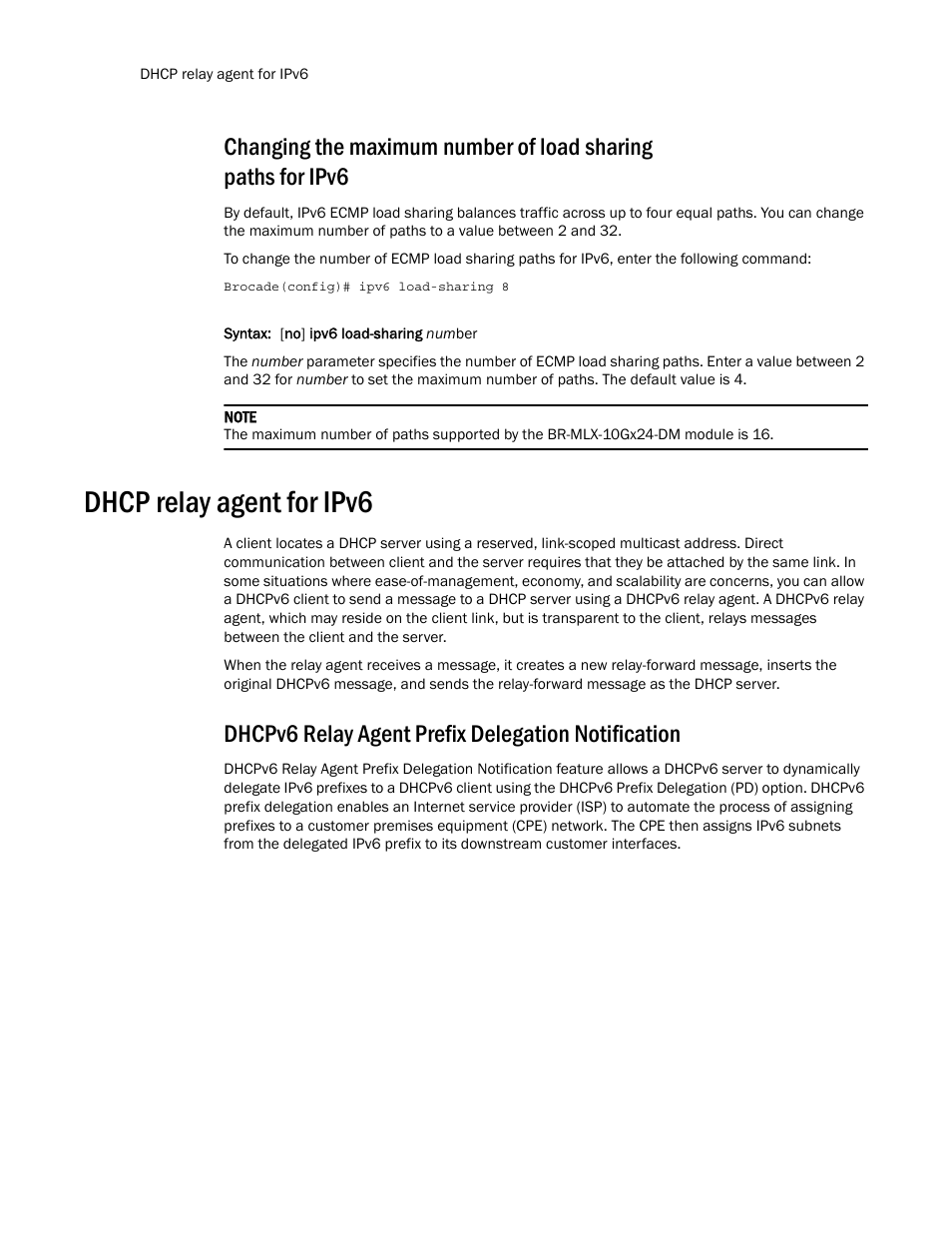 Dhcp relay agent for ipv6, Dhcpv6 relay agent prefix delegation notification | Brocade Multi-Service IronWare Routing Configuration Guide (Supporting R05.6.00) User Manual | Page 458 / 846