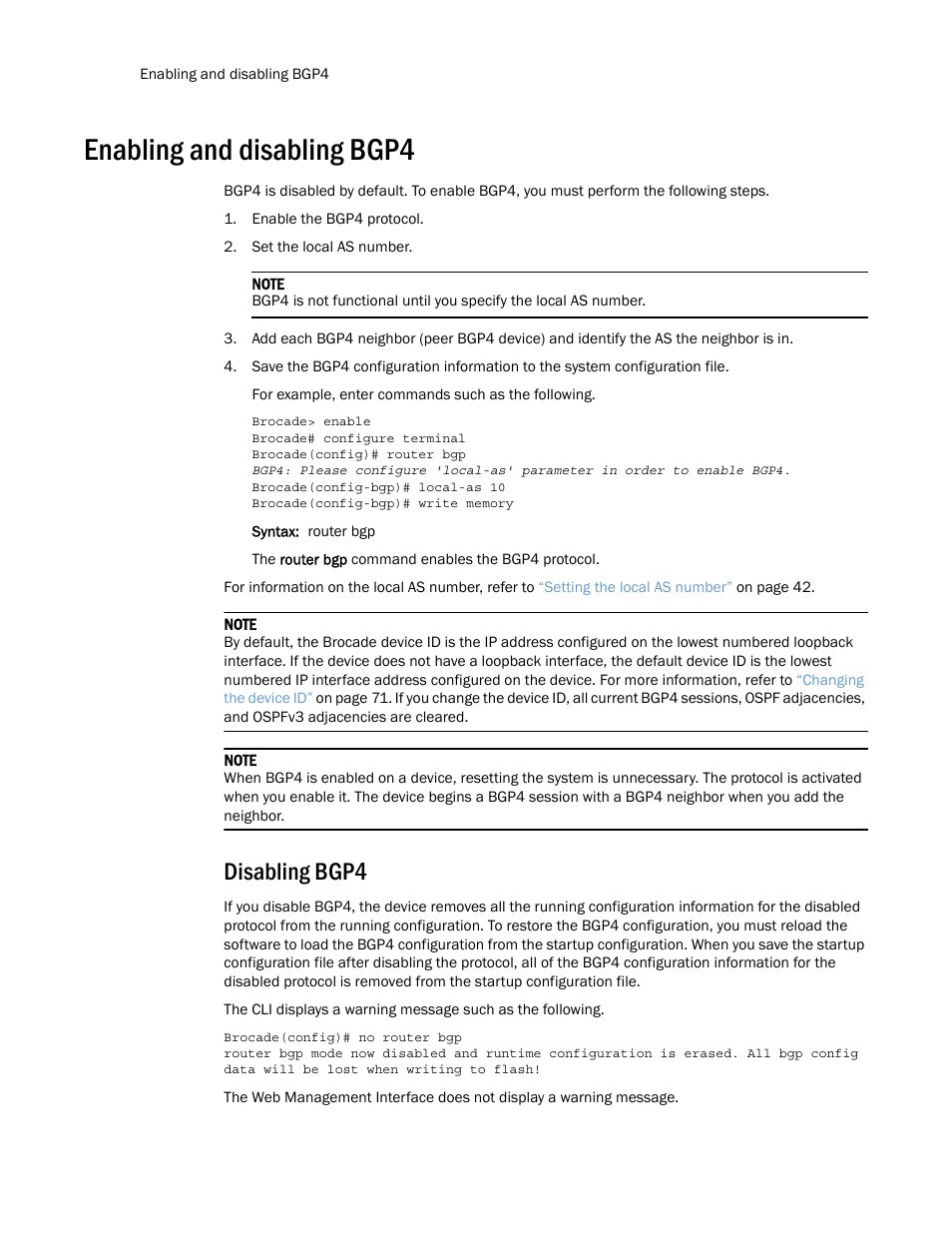 Enabling and disabling bgp4, Disabling bgp4 | Brocade Multi-Service IronWare Routing Configuration Guide (Supporting R05.6.00) User Manual | Page 46 / 846
