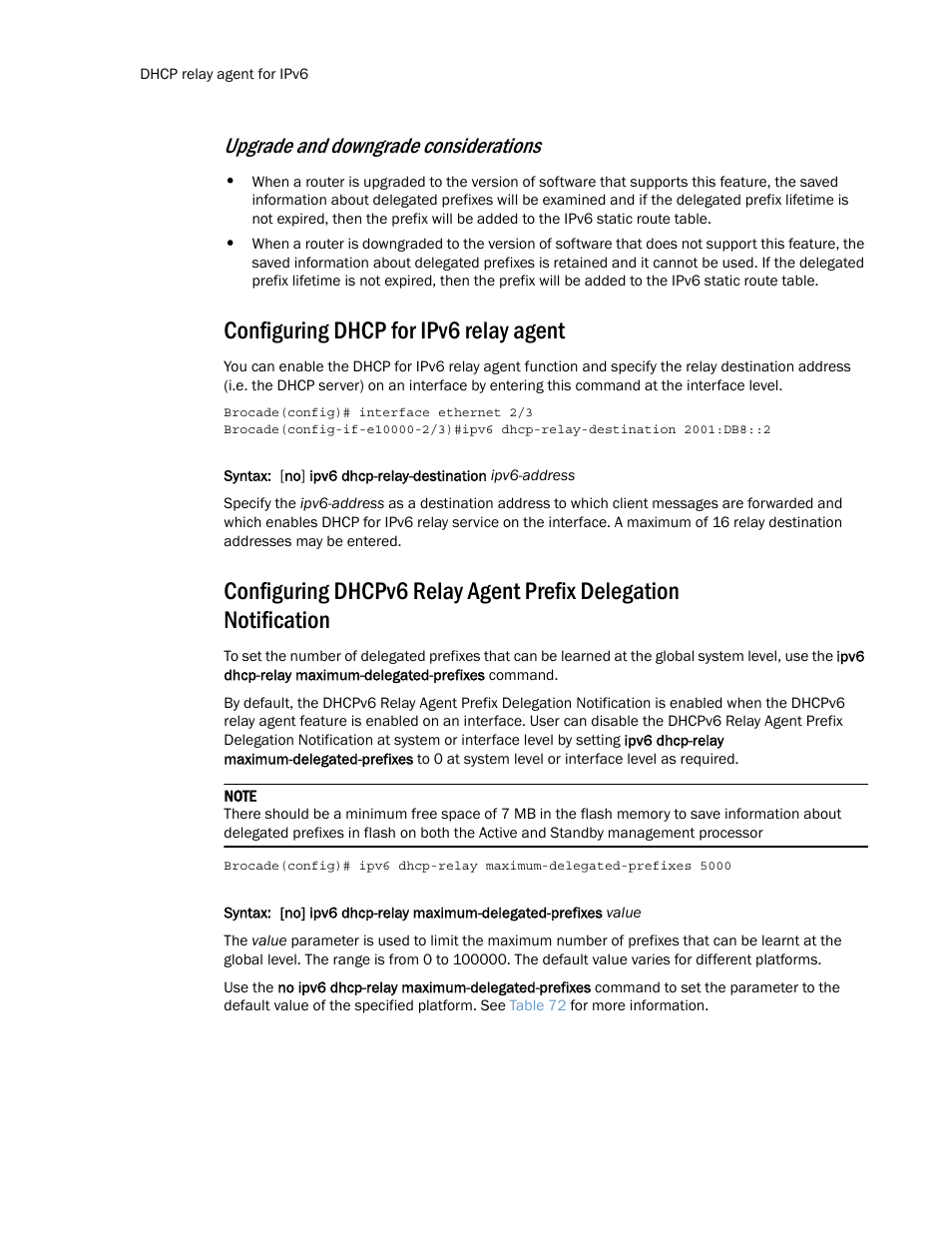 Configuring dhcp for ipv6 relay agent, Upgrade and downgrade considerations | Brocade Multi-Service IronWare Routing Configuration Guide (Supporting R05.6.00) User Manual | Page 460 / 846