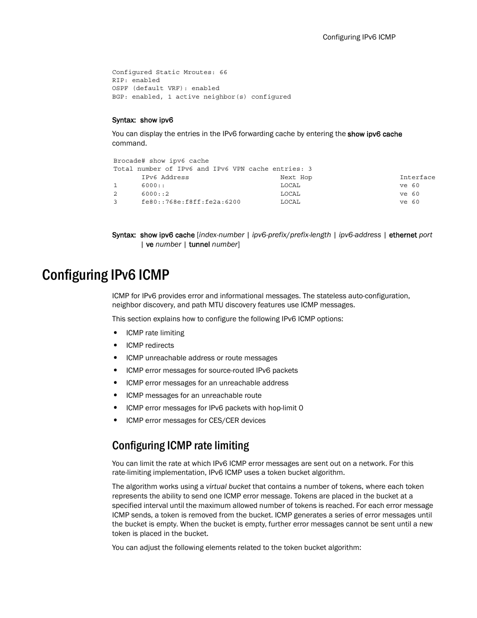 Configuring ipv6 icmp, Configuring icmp rate limiting | Brocade Multi-Service IronWare Routing Configuration Guide (Supporting R05.6.00) User Manual | Page 467 / 846