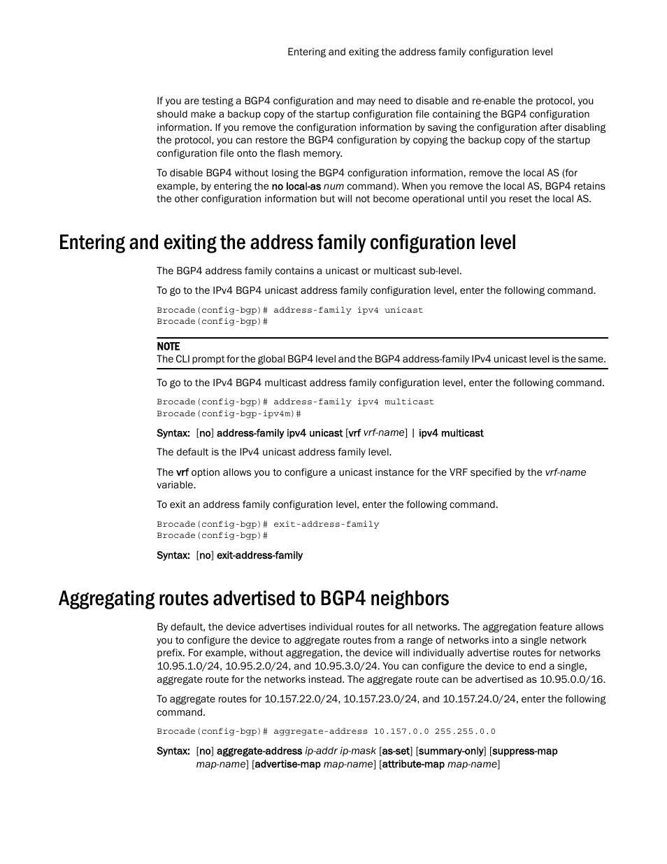 Aggregating routes advertised to bgp4 neighbors | Brocade Multi-Service IronWare Routing Configuration Guide (Supporting R05.6.00) User Manual | Page 47 / 846