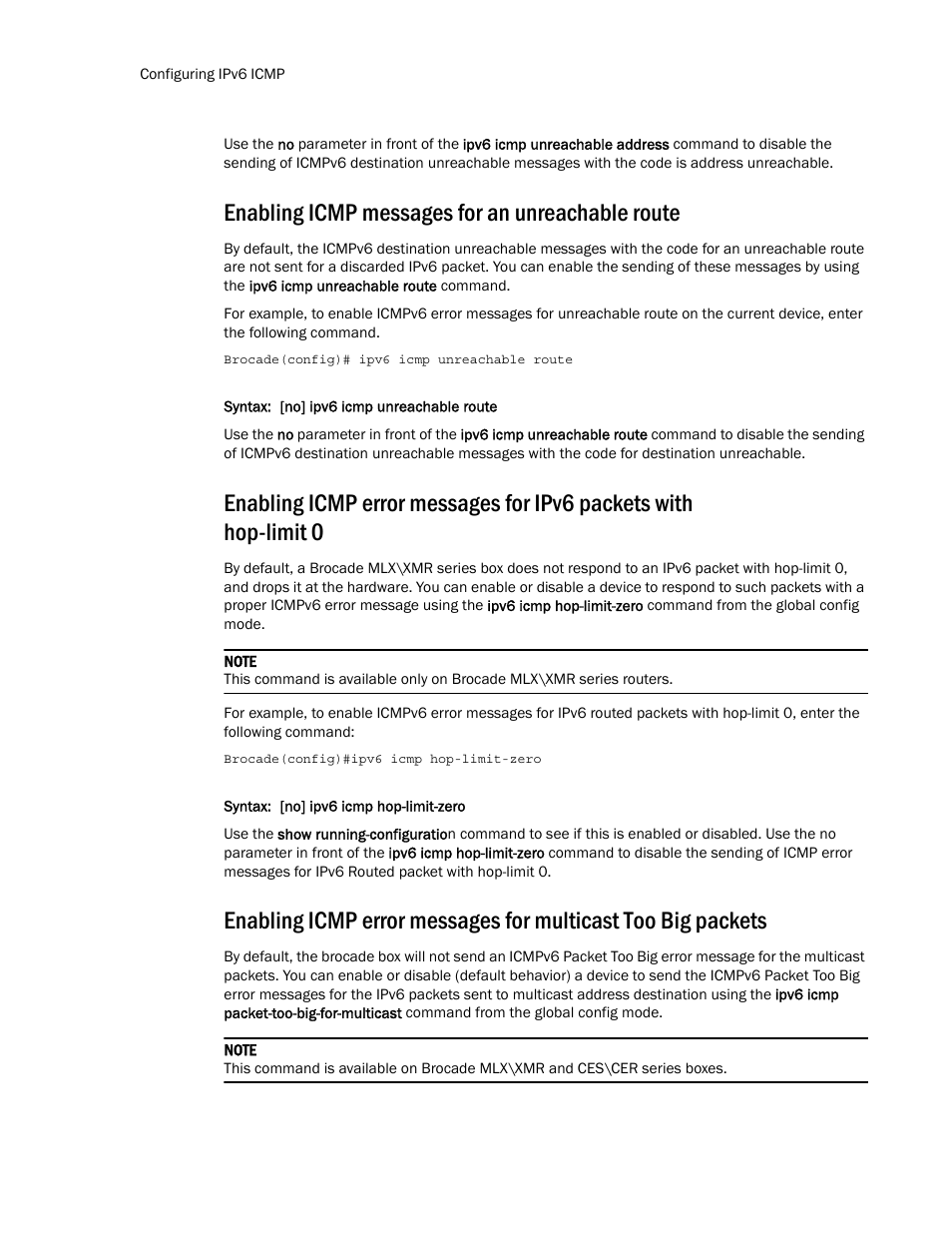 Enabling icmp messages for an unreachable route | Brocade Multi-Service IronWare Routing Configuration Guide (Supporting R05.6.00) User Manual | Page 470 / 846