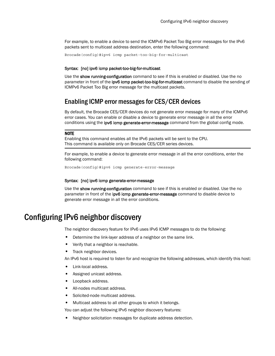 Enabling icmp error messages for ces/cer devices, Configuring ipv6 neighbor discovery, Configuring | Ipv6 neighbor discovery | Brocade Multi-Service IronWare Routing Configuration Guide (Supporting R05.6.00) User Manual | Page 471 / 846