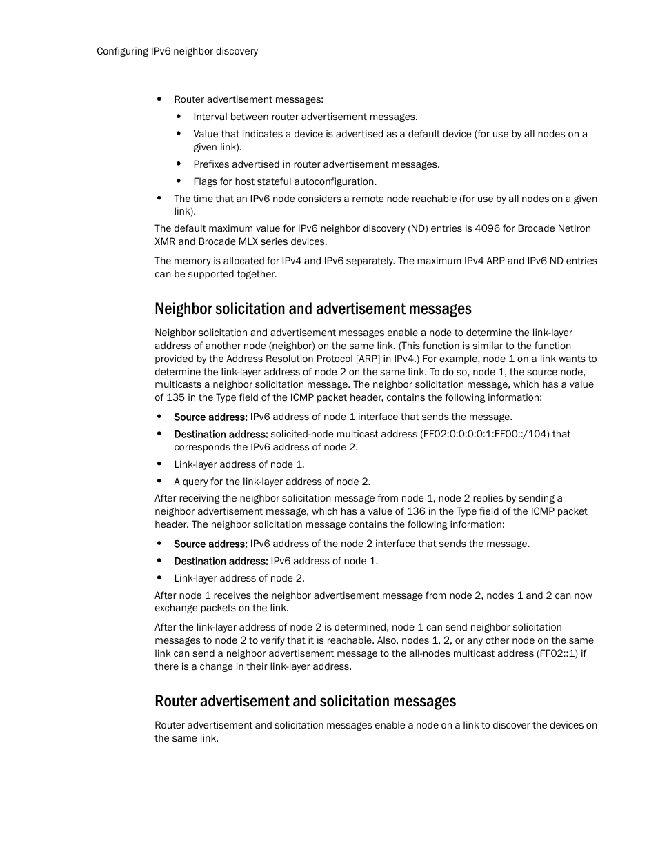 Neighbor solicitation and advertisement messages, Router advertisement and solicitation messages | Brocade Multi-Service IronWare Routing Configuration Guide (Supporting R05.6.00) User Manual | Page 472 / 846