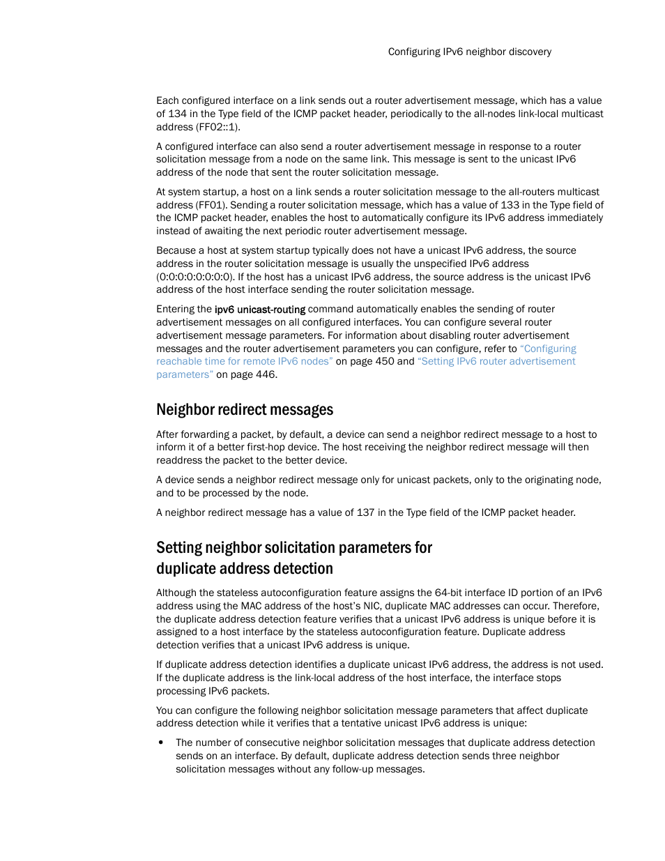 Neighbor redirect messages | Brocade Multi-Service IronWare Routing Configuration Guide (Supporting R05.6.00) User Manual | Page 473 / 846